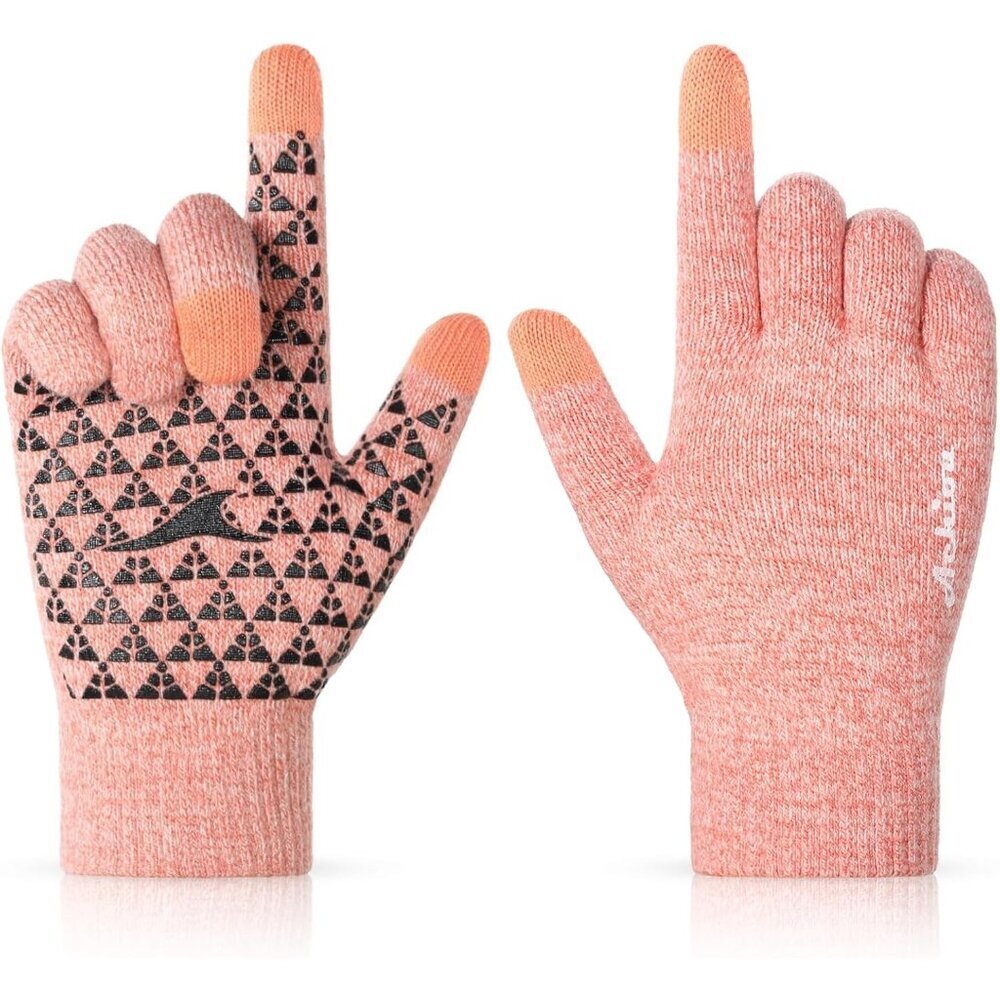 Women's Pink White Upgraded Touch Screen Thermal Soft Knit Lining Winter Gloves